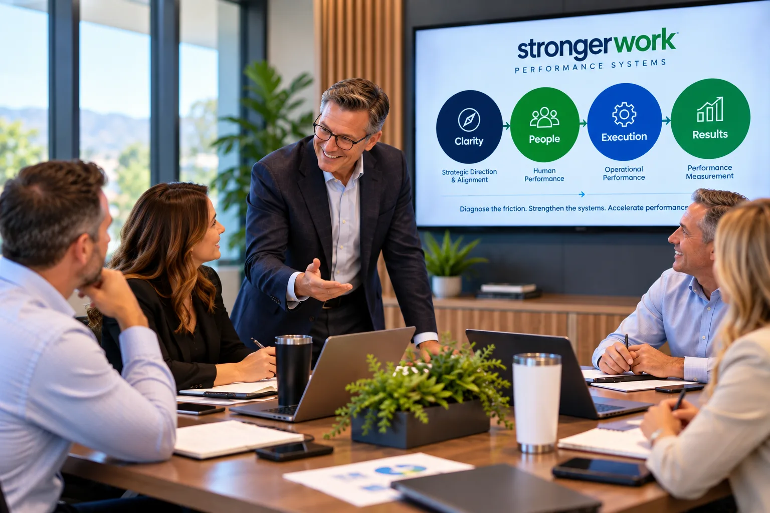 A collaborative strategy session around the four StrongerWork systems