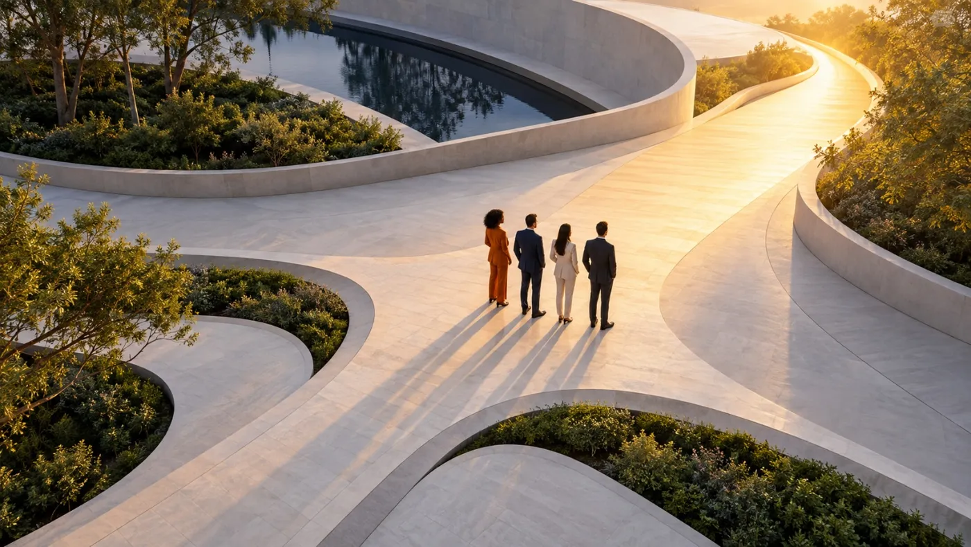 Four people are standing on a curved, modern outdoor pathway surrounded by lush greenery.