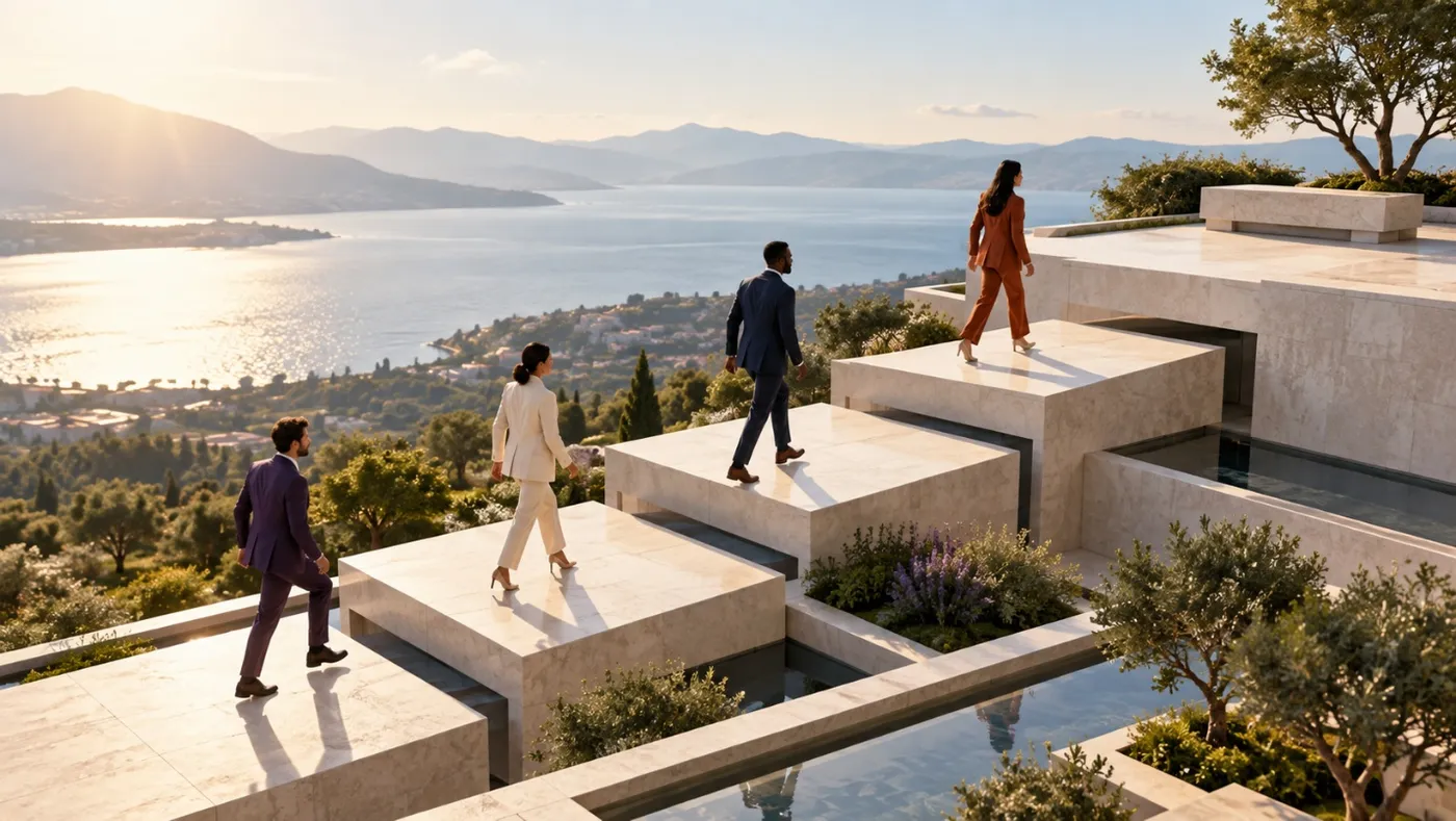 A group of people walking on a staircase surrounded by lush greenery and a beautiful backdrop of a mountainous landscape under a clear blue sky.