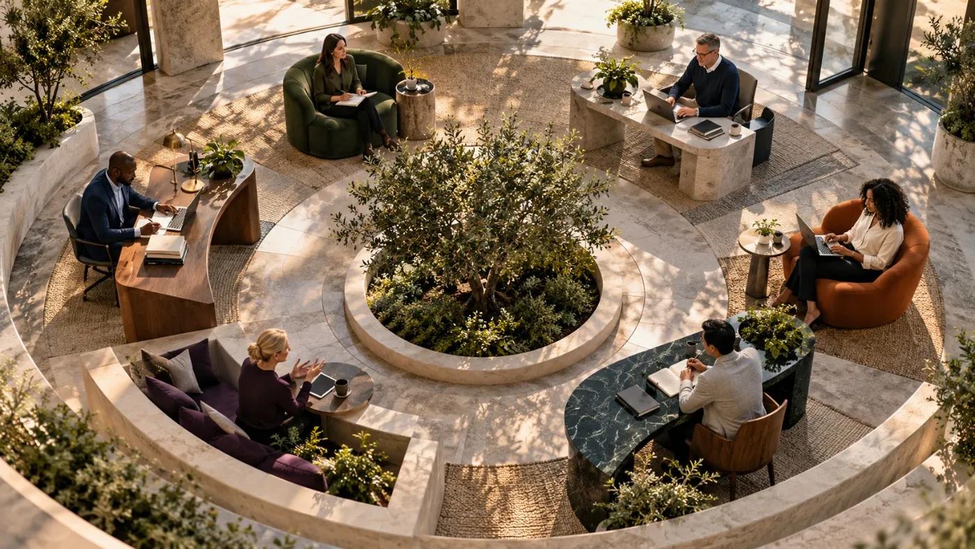 A cozy, modern office space with a central seating area surrounded by greenery and various desks.