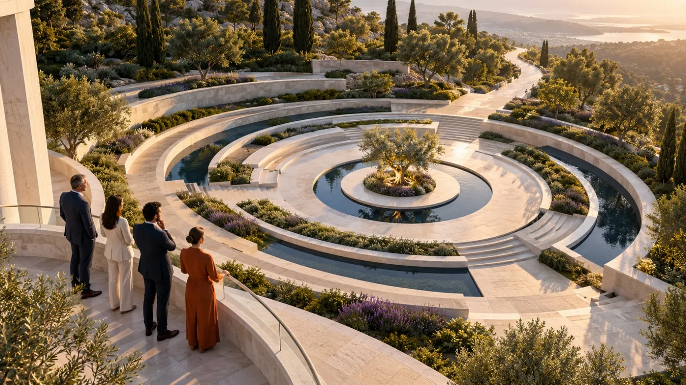 A serene, circular, terraced garden with people strolling around, set against a backdrop of lush vegetation and a distant, misty landscape.
