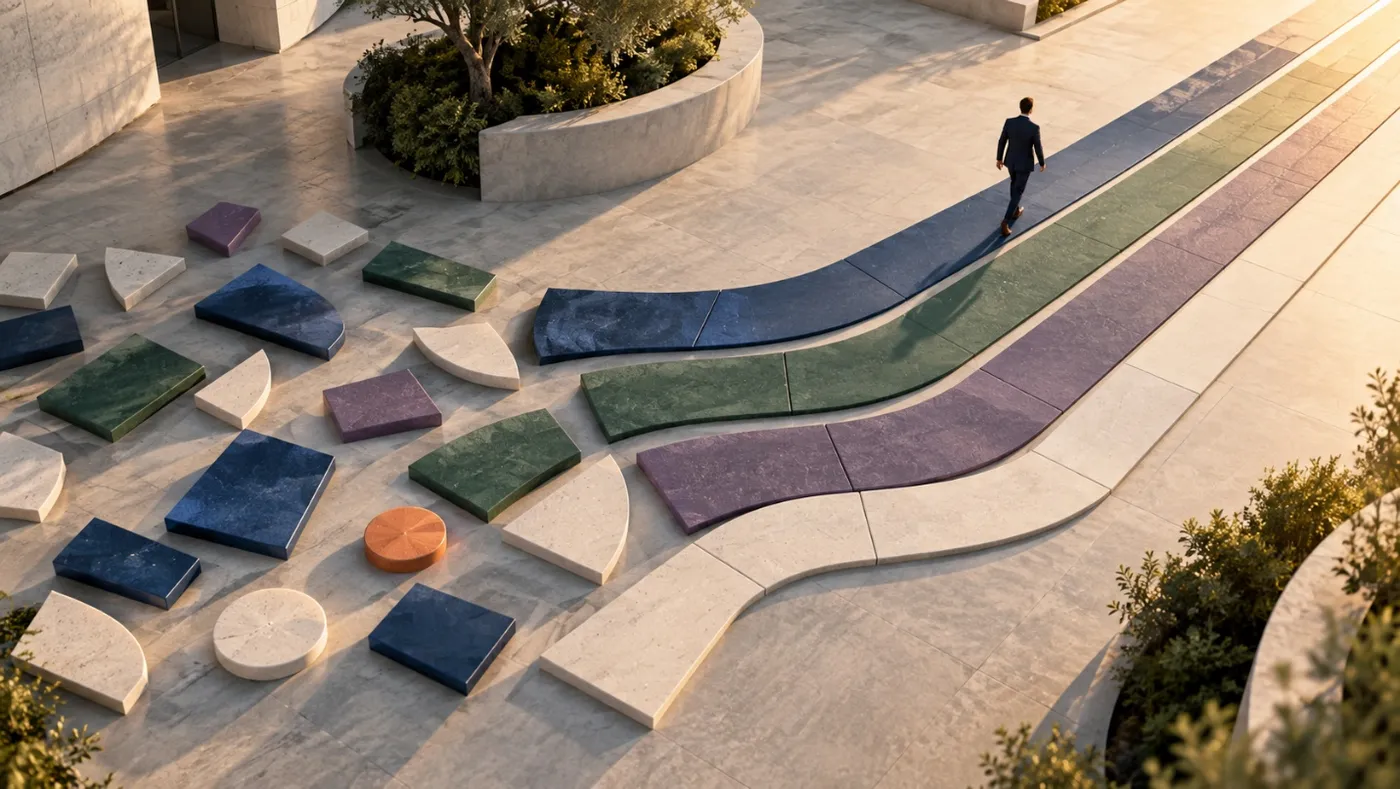 A person is walking down a colorful, multi-tiered, outdoor sculptural pathway with greenery and a sunny, serene ambiance.