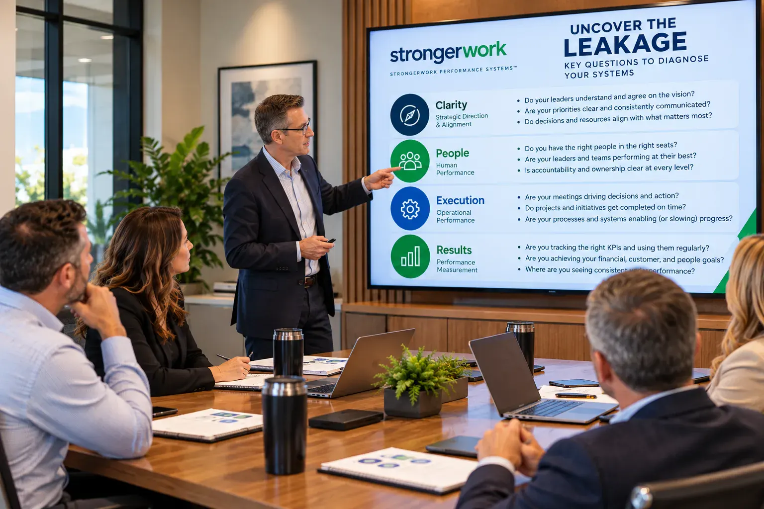 A leadership team reviewing where performance is leaking across the four systems
