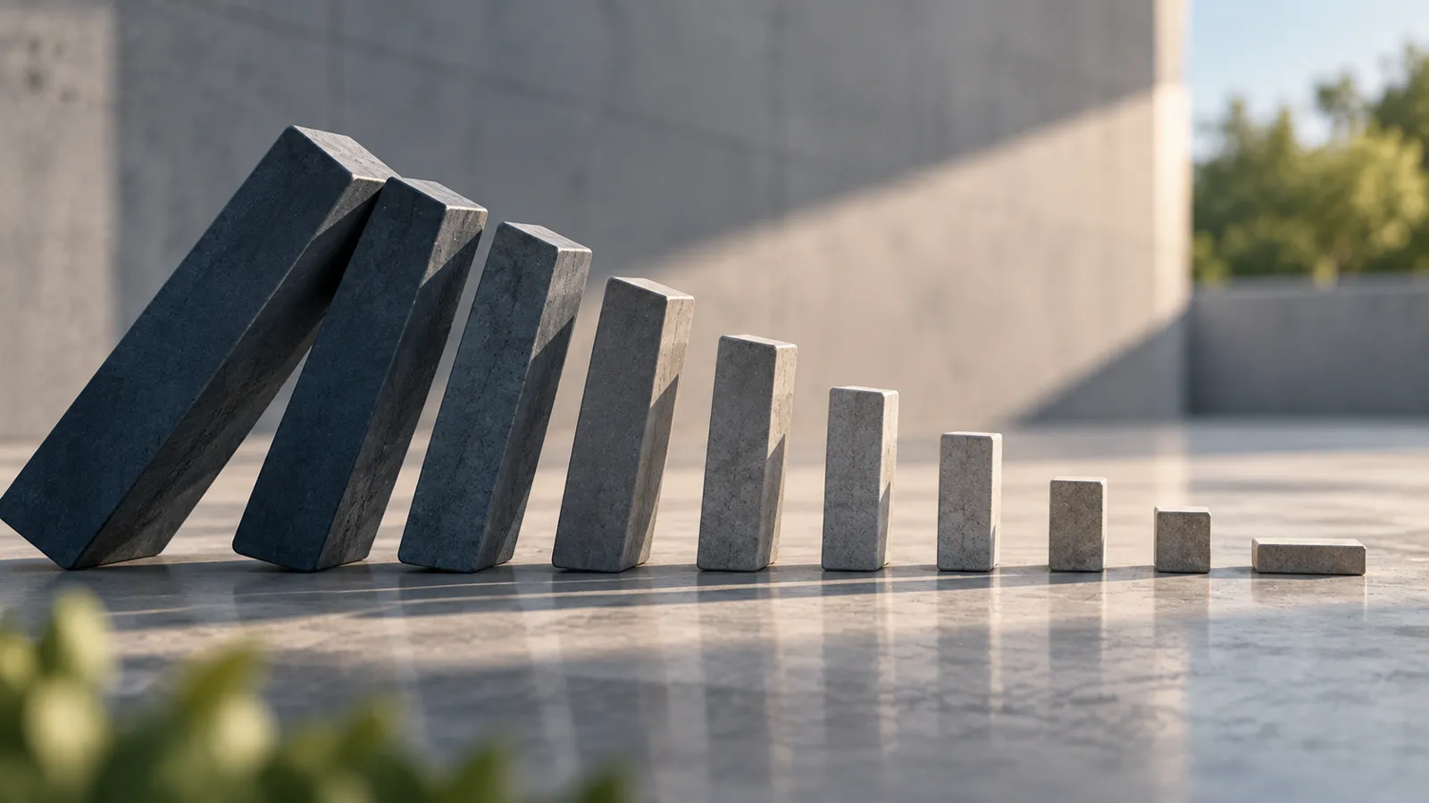 A row of stone blocks shrinking and toppling, the tall ones leaning in
