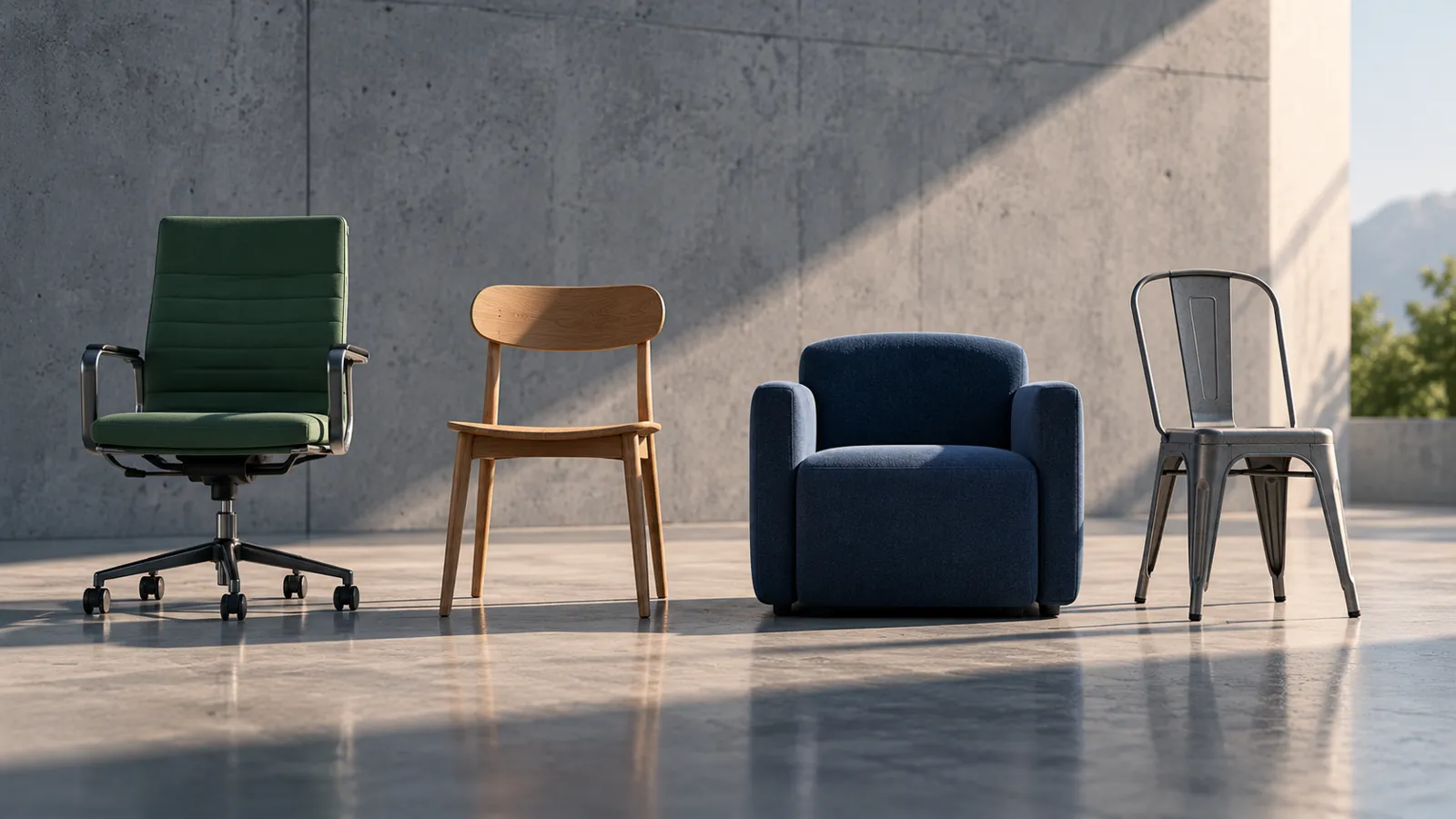 Four very different chairs in a row: a green office chair, a wooden chair, a navy armchair and a steel chair