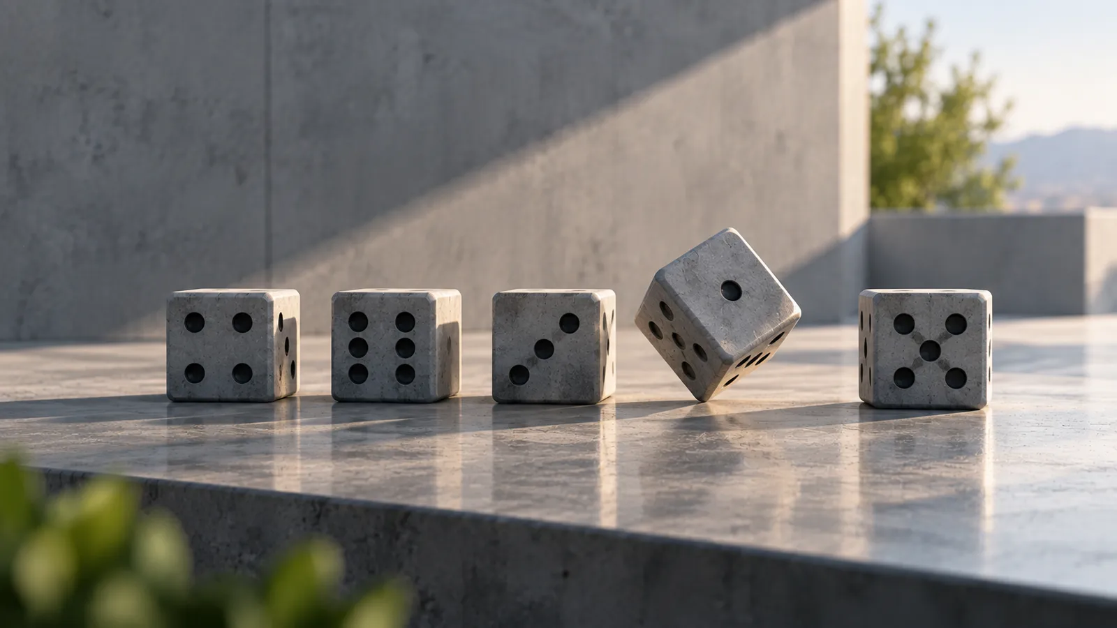 Five stone dice on a ledge, one tumbling mid-roll